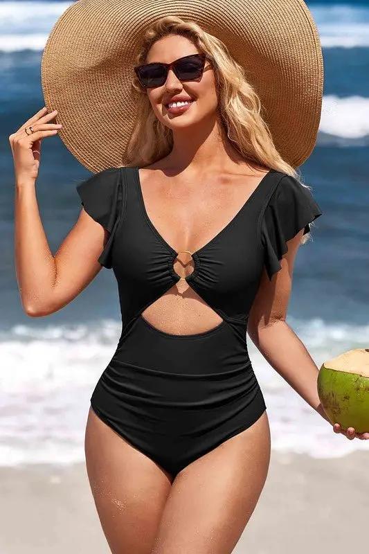 Ruffle O-Ring Cutout One Piece Bathing Suit for Women - Love Salve